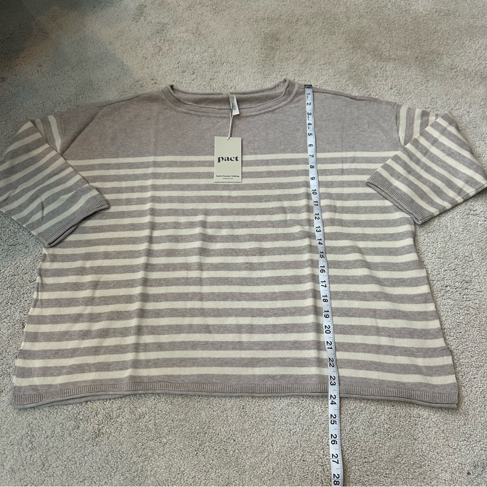 NWT Pact 100% Organic Cotton Classic Fine Knit Oat Stripe 3/4 Sleeve Sweater - Picture 11 of 13